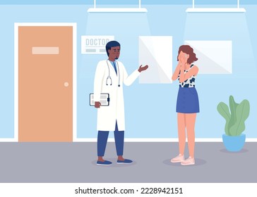 Crying woman at doctor appointment flat color vector illustration. Bad news for patient. Fully editable 2D simple cartoon characters with hospital on background. Bebas Neue font used