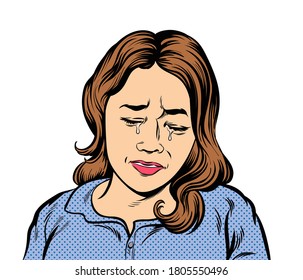 Crying woman with eyes closed. Pop art vector illustration on a white background.

