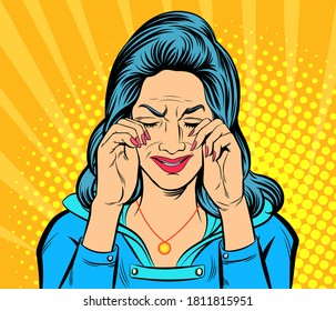 Crying woman with eyes closed, Raised hands to wipe her tears. Pop art vector illustration 