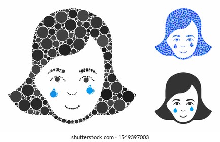 Crying woman face mosaic of small circles in variable sizes and color tints, based on crying woman face icon. Vector filled circles are combined into blue mosaic.