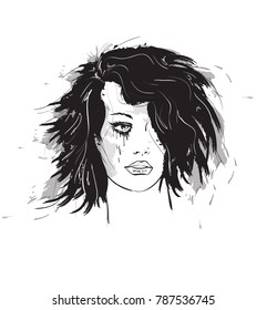Crying woman face. Sad brunette with a tear running down her cheek. Vector illustration in grunge style.
