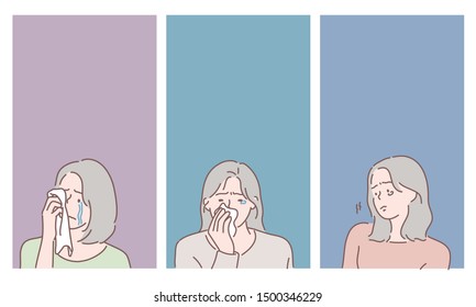 Crying woman face set. Sad girl. Hand drawn style vector design illustrations.