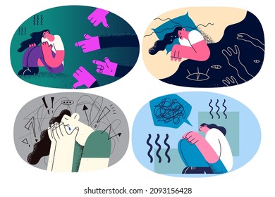 Crying woman feel broken after miscarriage or abortion. Unhappy female distressed with depression or panic attack. Mental disorder and nervous breakdown. Vector illustration, cartoon character. Set.