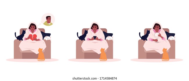 Crying woman flat vector illustrations set. Sad african american lady isolated cartoon characters kit. Melancholy, depression, relationship break up. Girl sitting with broken heart, phone and mirror