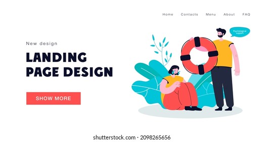 Crying woman getting psychological help from man with life ring. Boy supporting his friend flat vector illustration. Psychotherapy, depression concept for banner, website design or landing web page