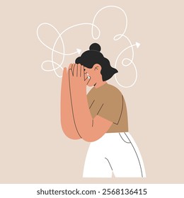 Crying woman has ADHD, anxiety and tangled thoughts. Confused girl has mental disorder and chaos in brain. Frustrated person has headache, burnout and overload in mind, vector isolated illustration