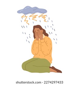 Crying woman, isolated depressed or stressed person with bad emotions and anxiety. Concerned and worried female character under cloud. Vector in flat style