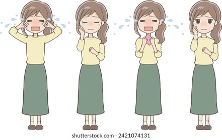 Crying Woman in Long Skirt, Various Poses and Expressions (Full Body)