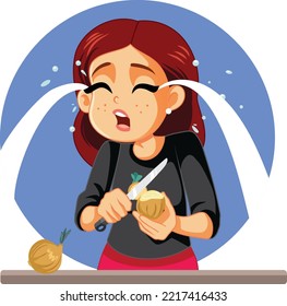 
Mujer llorando descascarillando cebollas en la ilustración del vector de la cocina. Ingredientes de corte de cocción estresados para nueva receta que sufren de dolor ocular
