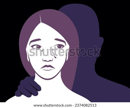 Crying woman portrait front view. Silhouette of a man behind the woman. Male arm on girl shoulder. Concept of domestic violence. Stop Violence against women banner. Abuse and sexual harassment.