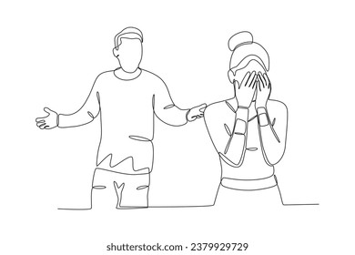 A crying woman quarreled with her boyfriend. Relationship problem one-line drawing