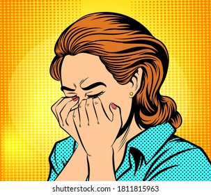 Crying woman Raises both hands to cover her mouth. Pop art vector illustration