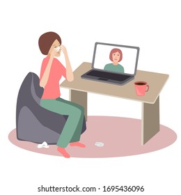 Crying woman seating at her desk in front of her laptop having an online call with her therapist. Covid self isolation mode. Vector illustration