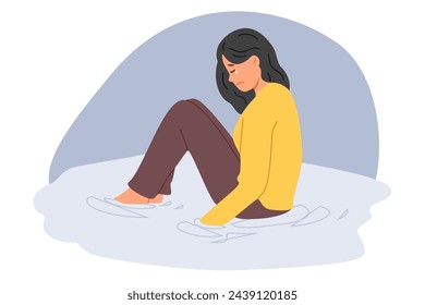 Crying woman sits in puddle tears, suffering from depression after breaking up with boyfriend. Crying girl is experiencing nervous breakdown due to being fired and losing right to foreclose on house.