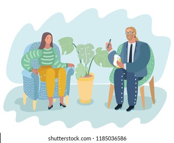 Crying woman sitting on chair at the psychologist or psychiatrist. Weeping lady, feeling hopeless, depression, and stress, found out unwilling pregnancy or having disease. Vector cartoon illustration