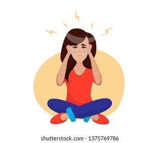 Crying woman suffers from hysteria and depression. Sad girl sitting on the floor. Vector flat illustration in cartoon style