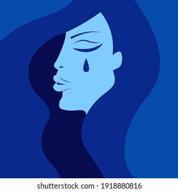 Crying woman with tear on her face. Alone illustration. Depression and frustration symbol.
