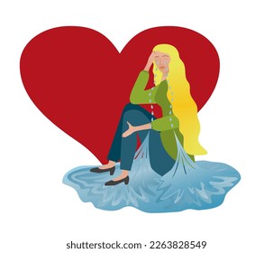 Crying woman, tears falling down and making a puddle of water. Heart in background. Isolated on white. Vector illustration.