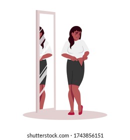 Crying woman trying on clothes semi flat RGB color vector illustration. African american girl depressed about weight isolated cartoon character on white background. Emotional stress, obesity problem