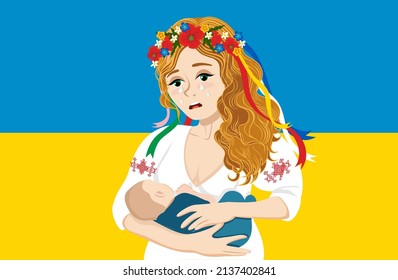 Crying woman in Ukrainian national costume holds a Newborn Baby in her arms. Background with Ukrainian flag colors. War in Ukraine. Stop war, Protect children concept.