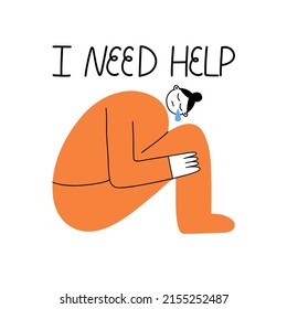 Crying woman. Unhappy people in depression, girl mood, sad negative emotion, psychology help concept, need halp text. Mental health. Vector cartoon flat style isolated illustration