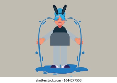 A crying woman using a rabbit dress, character Easter day theme. Simple vector illustration, this illustration can use as a sticker also