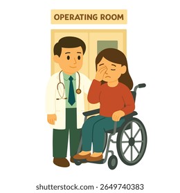 Crying woman in wheelchair with comforting doctor in front of operating room. Flat vector illustration. Medical support, surgery preparation and emotional care for disabled people concept