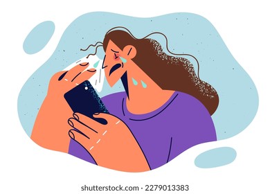 Crying woman wipes tears with handkerchief and holds phone while watching melodrama film or touching video. Girl with phone starts to crying after quarrel with boyfriend in internet chat 