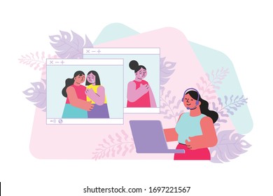 Crying women calling to psychological support hot line flat vector illustration