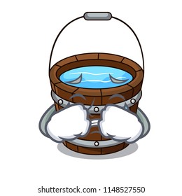 Crying wooden bucket mascot cartoon