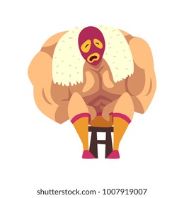 Crying wrestler sitting on small chair. Strong muscular man in red-orange mask, shorts and socks. Cartoon fighter. Mixed martial artist. Combat sport. Flat vector design