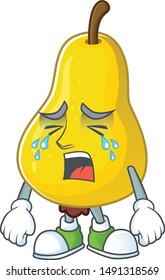 Crying yellow pear cartoon character on white background