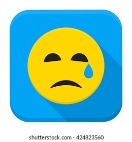 Crying Yellow Smiley Face App Icon. Vector Illustration of Flat Style Icon Squre Shaped with Long Shadow.
