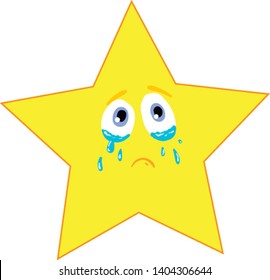 Una estrella amarilla llenta, con lágrimas en ambos ojos, se ve triste, vectorial, dibujo de color o ilustración. 