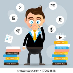 Crying young businessman standing between many books, white labels with simple black icons, situated on gray background