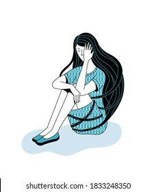 Crying young girl tied with barbed wire from her flowing hair sitting on the floor on white background. Flat illustration of mental disorder, psychotherapy concept, and depression. Vector cartoon girl