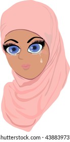 crying young lady with pink hijab, Silent tears rolling down her cheeks
