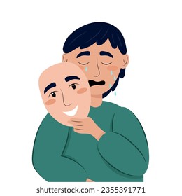 A crying young man with depression hides behind a mask depicting a smile and mental health.