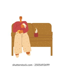 Crying young man sitting on coach isolated on white background. Alone teenage boy in seasonal melancholy. Vector hand drawn flat illustration