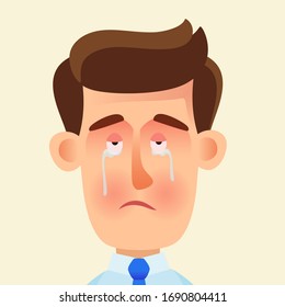 Weinen Sie jungen Mann, weinenden Sie. Emotionales Gesicht mit Tränen des traurigen und depressiven Mannes. Heartache-Konzept. Vektorillustration, flaches Design, Cartoon-Stil, isolierter Hintergrund, Porträt.