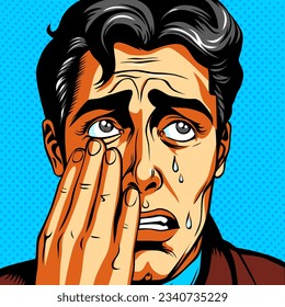 Crying young man wipes away tears with his hand, vector illustration in vintage pop art comic style svg