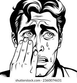Crying young man wipes away tears with his hand, vector illustration in vintage pop art comic style, outline svg