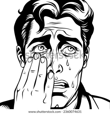 Crying young man wipes away tears with his hand, vector illustration in vintage pop art comic style, outline