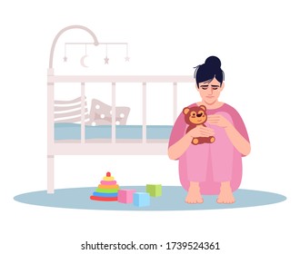 Crying Young Mother Semi Flat RGB Color Vector Illustration. Woman Lost Child Isolated Cartoon Character On White Background. Postnatal Depression, Emotional Stress. Baby Loss, Grieving Parent