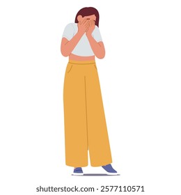 Crying young woman cartoon character covering face with palms feeling frustrated and lonely standing isolated. Female weeping feeling sorrowful, grief, shame negative emotion vector illustration