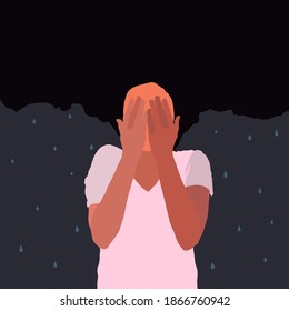 A crying young woman covers her face with her hands. The concept of loneliness, fear, and suffering. Flat vector illustration