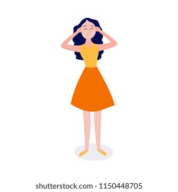 Crying young woman stands and holds her head with hands isolated on white background - frustrated girl with upset emotion and tears on face in flat cartoon vector illustration.