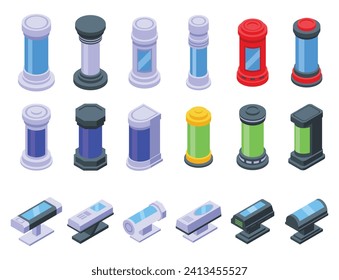 Los iconos de cápsulas criogénicas establecen un vector isométrico. Equipo de laboratorio. Laboratorio de ciencias