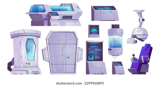 Cryogenic capsules from futuristic science laboratory or spaceship. Future space technologies concept with hibernation pods isolated on white background, vector cartoon set