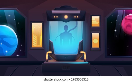 Cryogenic capsules with human or alien. Cryo camera on spaceship or shuttle. Two viewports. Vector cartoon illustration
